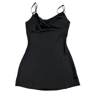 Sans Souci Black Satin Nightgown Dress Drape Cowl Neck Spaghetti Strap Sz M